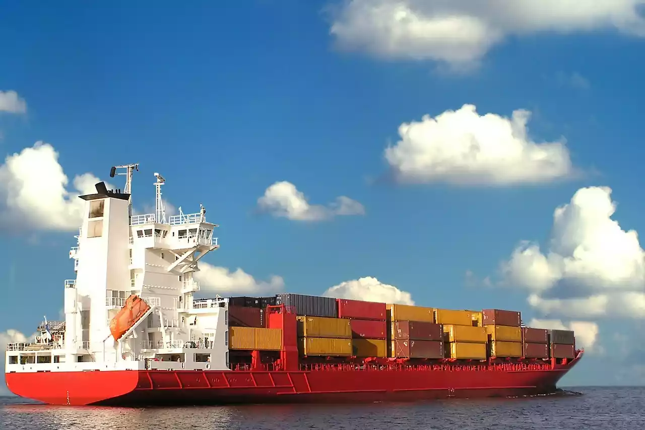 Loaded cargo ship sailing on the sea.